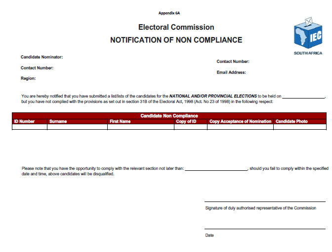 R14 Appendix 6A Notification of Non Compliance