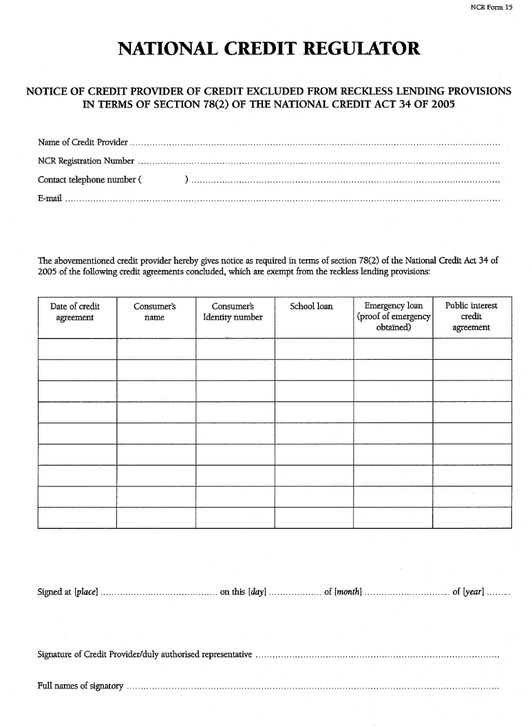 NCR Form 15